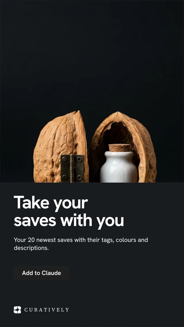 Instagram story for Curatively: "Take your saves with you". Swiss style, bottom layout, dark palette in black, grey.