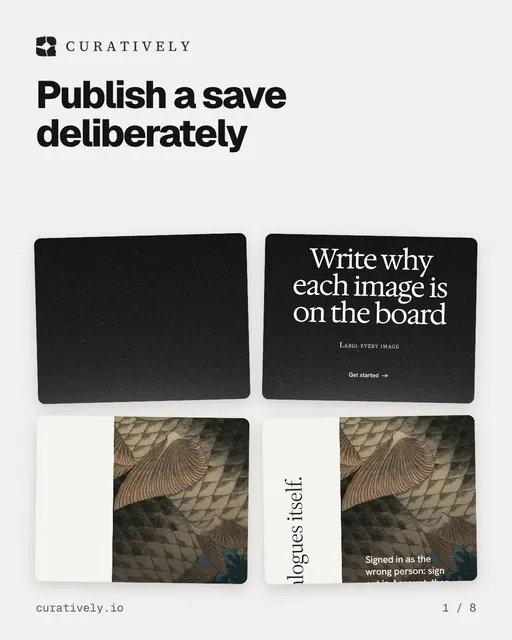 Carousel for Curatively: "Publish a save deliberately". Collection carousel, 8 slides, light palette.