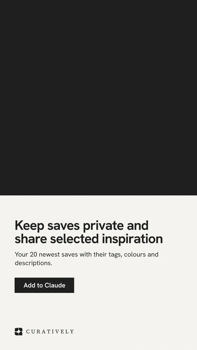 Instagram story for Curatively: "Keep saves private and share selected inspiration". Swiss style, bottom layout, light palette in black, white.