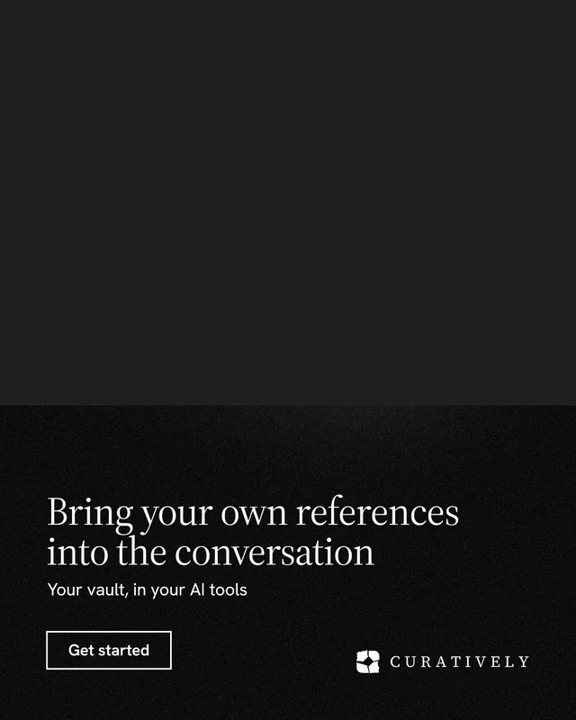 Instagram portrait post for Curatively: "Bring your own references into the conversation". Dark deco style, bottom layout, dark palette in black.
