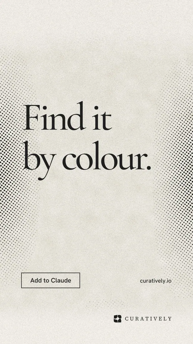 Instagram story for Curatively: "Find it by colour." Editorial style, poster layout, light palette in white, yellow, grey.