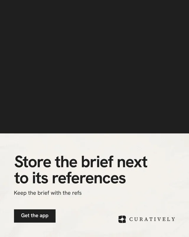 Instagram portrait post for Curatively: "Store the brief next to its references". Swiss style, bottom layout, light palette in black, white, grey.