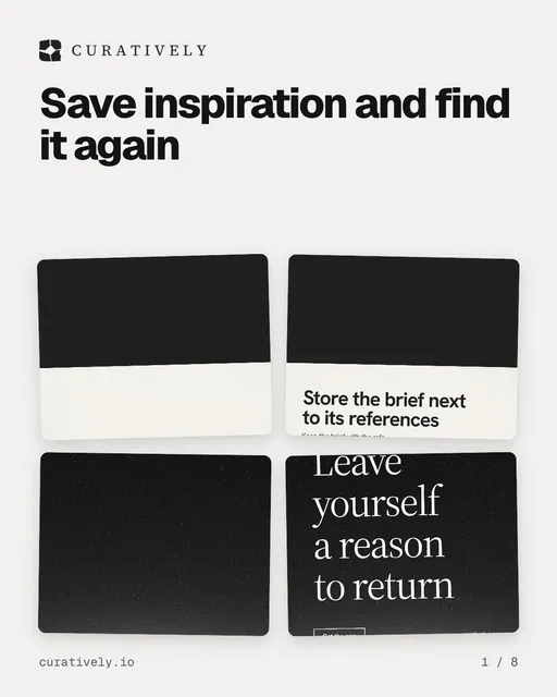 Carousel for Curatively: "Save inspiration and find it again". Collection carousel, 8 slides, light palette.