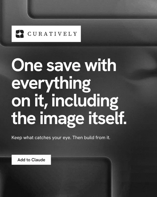 Instagram portrait post for Curatively: "One save with everything on it, including the image itself." Swiss style, announce layout, dark palette in black, grey.