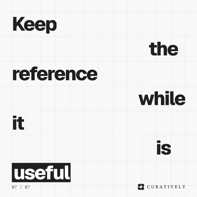 Video for Curatively: "Keep the reference while it is useful". Kinetic type grid, 6.0 s, light palette.