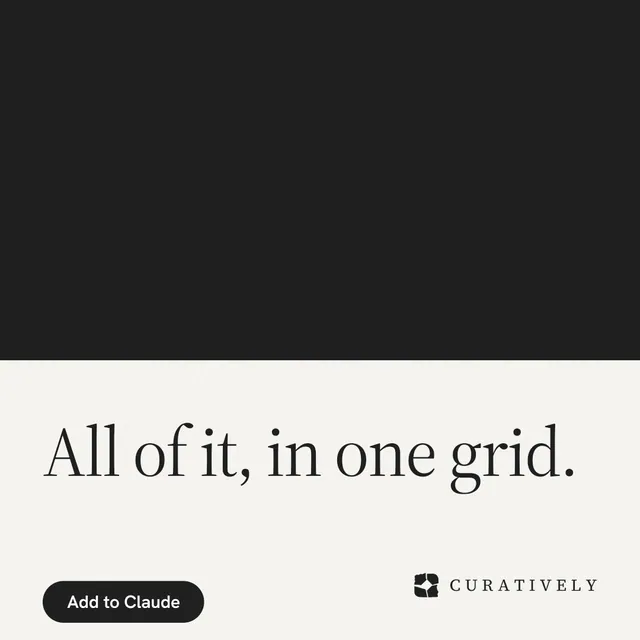 Instagram post for Curatively: "All of it, in one grid." Data card style, bottom layout, light palette in black, white.