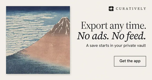 Social ad for Curatively: "Export any time. No ads. No feed." Editorial style, right layout, light palette in grey, white.