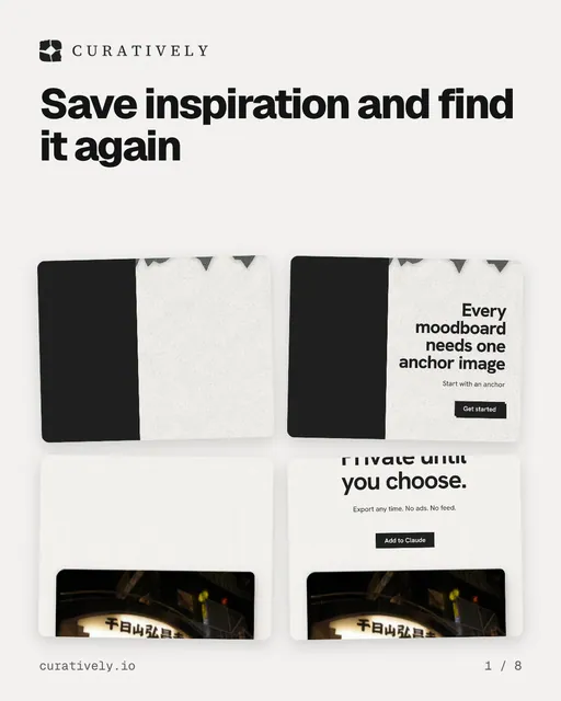 Carousel for Curatively: "Save inspiration and find it again". Collection carousel, 8 slides, light palette.