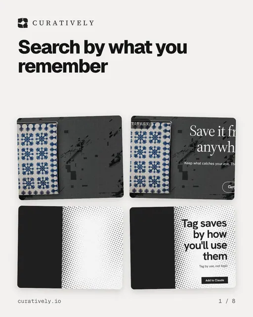Carousel for Curatively: "Search by what you remember". Collection carousel, 8 slides, light palette.