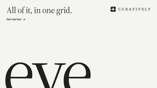 Landscape graphic for Curatively: "All of it, in one grid." Editorial style, ogword layout, light palette in white.