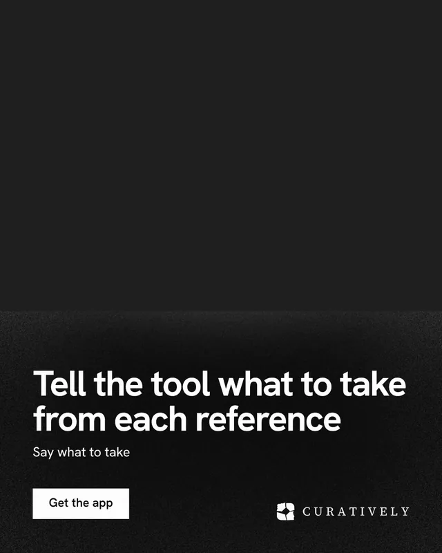 Instagram portrait post for Curatively: "Tell the tool what to take from each reference". Swiss style, bottom layout, dark palette in black, grey.
