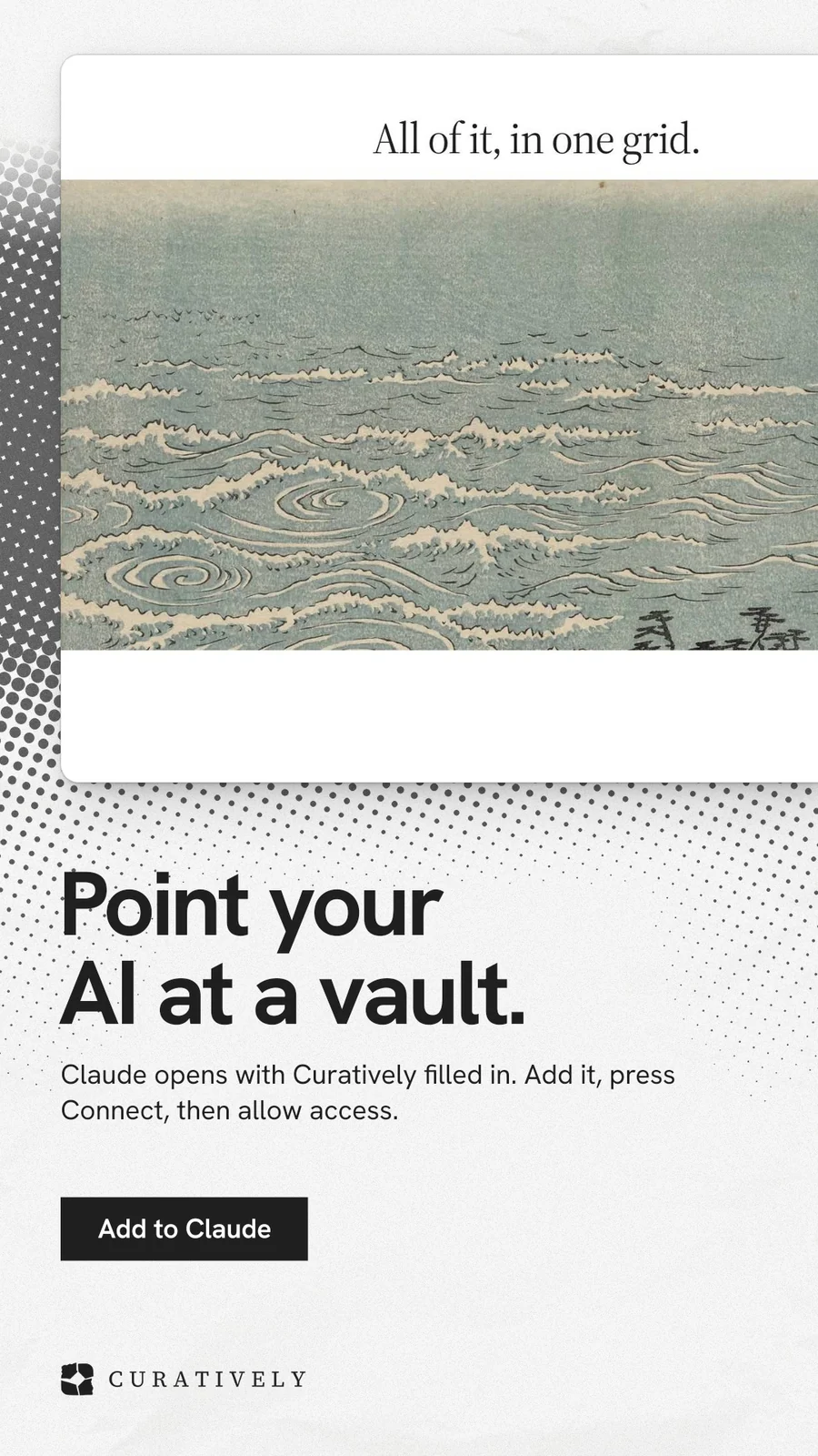 Instagram story for Curatively: "Point your AI at a vault." Swiss style, bottom layout, light palette in grey, white.
