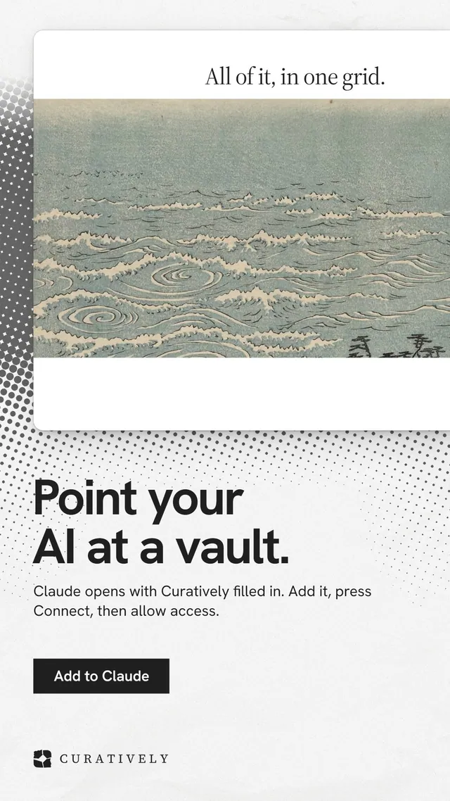Instagram story for Curatively: "Point your AI at a vault." Swiss style, bottom layout, light palette in grey, white.