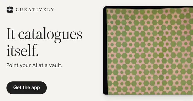 Social ad for Curatively: "It catalogues itself." Data card style, bottom layout, light palette in white, orange, yellow.