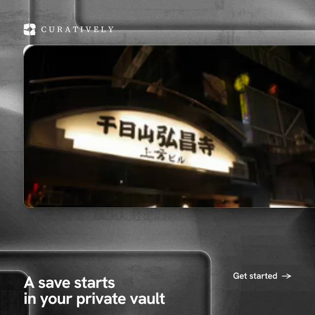 Instagram post for Curatively: "A save starts in your private vault". Swiss style, image led layout, dark palette in black, grey.