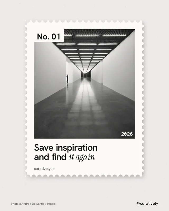 Instagram portrait post for Curatively: "Save inspiration and find it again". Single style, technique:stamp series layout, light palette in white, grey.