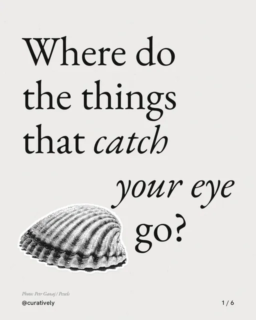 Carousel for Curatively: "Where do the things that catch your eye go?". Cutout essay, 6 slides, light palette.