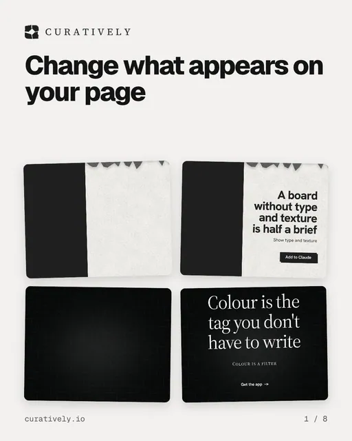 Carousel for Curatively: "Change what appears on your page". Collection carousel, 8 slides, light palette.