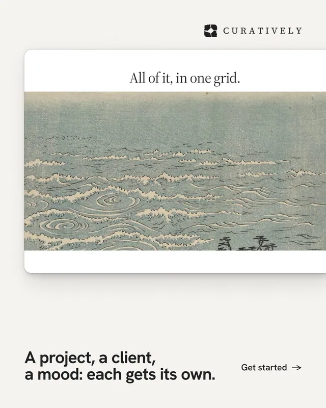 Instagram portrait post for Curatively: "A project, a client, a mood: each gets its own." Swiss style, image led layout, light palette in white, grey.