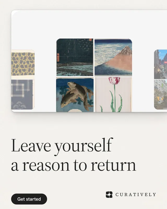 Instagram portrait post for Curatively: "Leave yourself a reason to return". Data card style, bottom layout, light palette in white, grey.