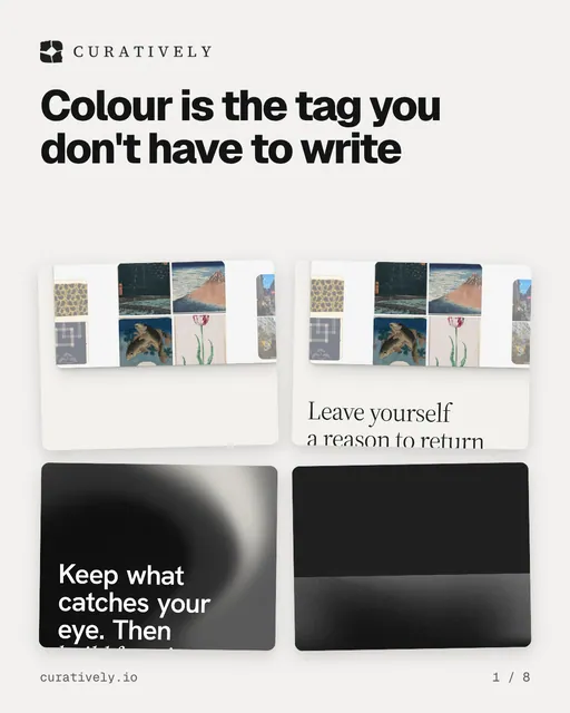 Carousel for Curatively: "Colour is the tag you don't have to write". Collection carousel, 8 slides, light palette.