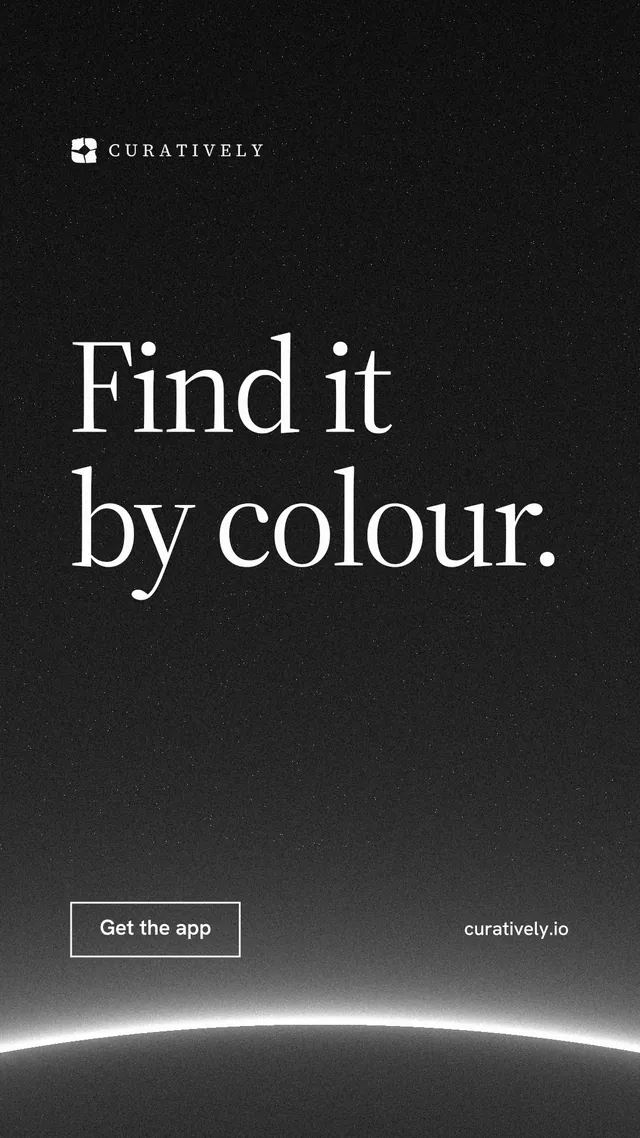 Instagram story for Curatively: "Find it by colour." Editorial style, poster layout, dark palette in black, grey.