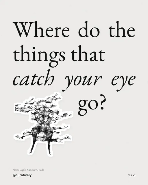 Carousel for Curatively: "Where do the things that catch your eye go?". Cutout essay, 6 slides, light palette.