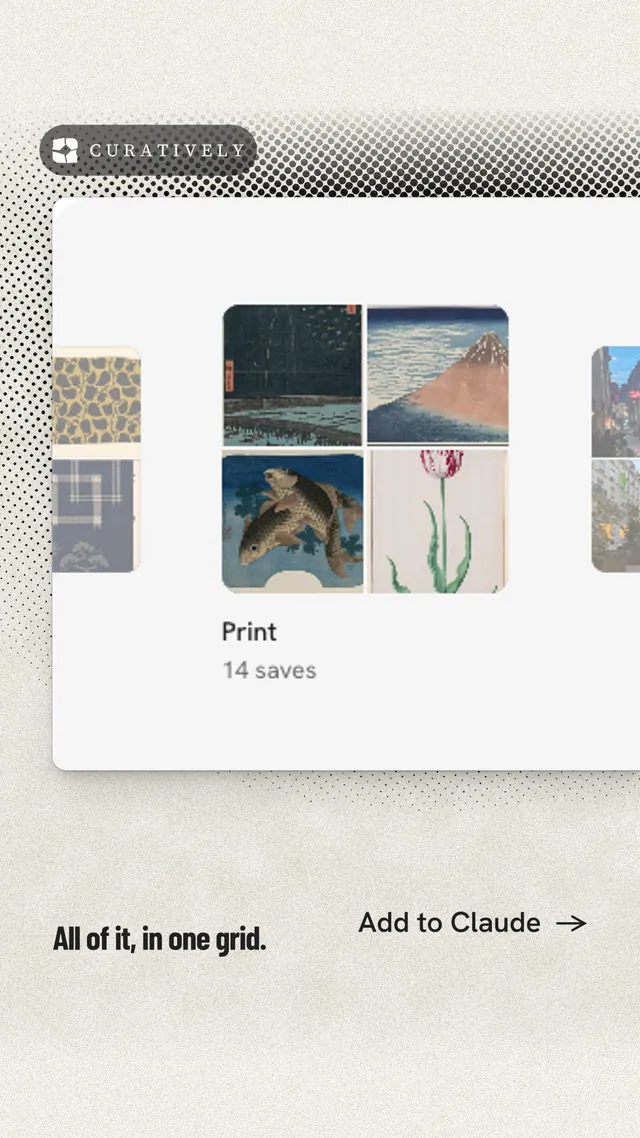 Instagram story for Curatively: "All of it, in one grid." Ink sticker style, image led layout, light palette in white, orange, grey.