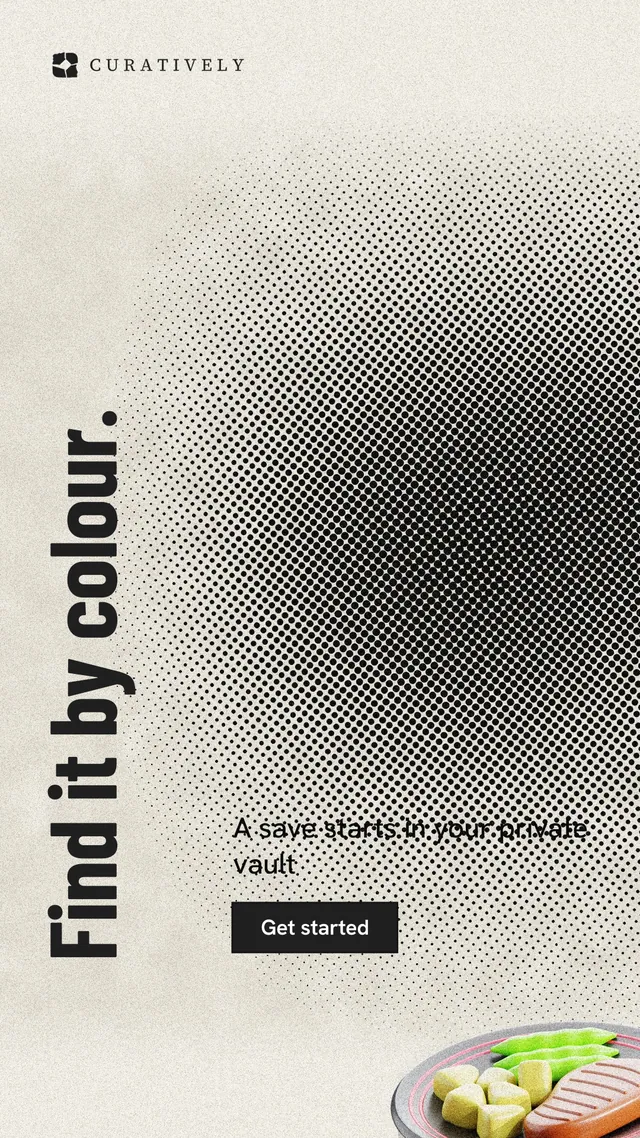 Instagram story for Curatively: "Find it by colour." Ink sticker style, vertical layout, light palette in grey, white, yellow.