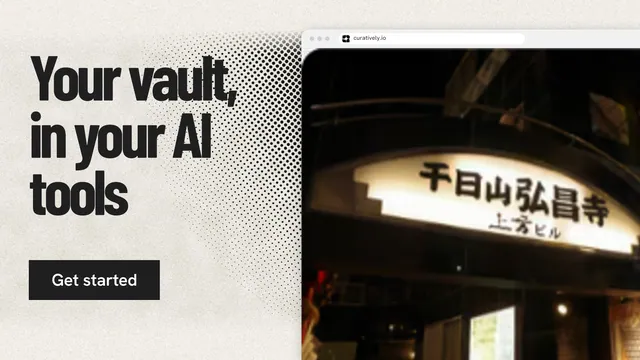 Landscape graphic for Curatively: "Your vault, in your AI tools". Ink sticker style, browser layout, light palette in black, yellow, white.