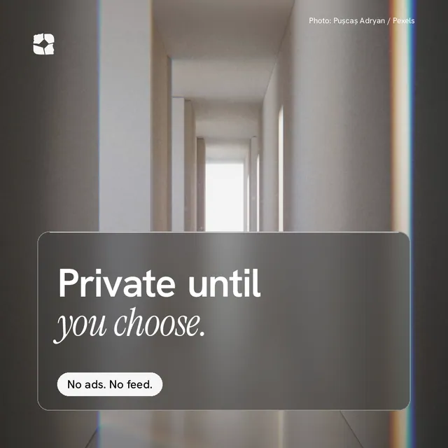 Instagram post for Curatively: "Private until you choose." Glass style, technique:pexels ingredient layout, light palette in grey, black.
