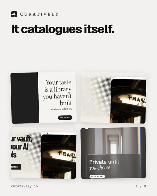 Carousel for Curatively: "It catalogues itself.". Collection carousel, 8 slides, light palette.