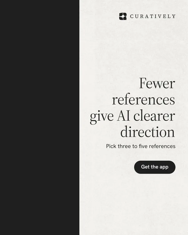 Instagram portrait post for Curatively: "Fewer references give AI clearer direction". Data card style, right layout, light palette in black, white.