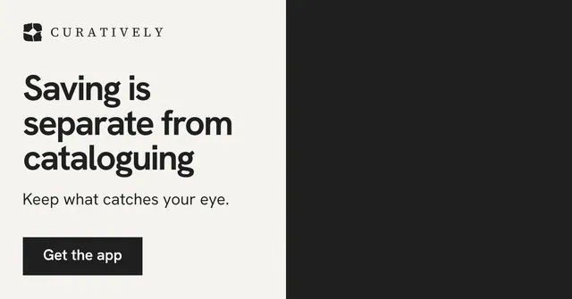 Social ad for Curatively: "Saving is separate from cataloguing". Swiss style, bottom layout, light palette in black, white, grey.
