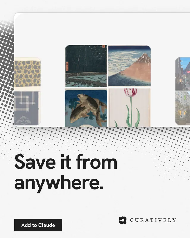 Instagram portrait post for Curatively: "Save it from anywhere." Swiss style, bottom layout, light palette in white, grey.