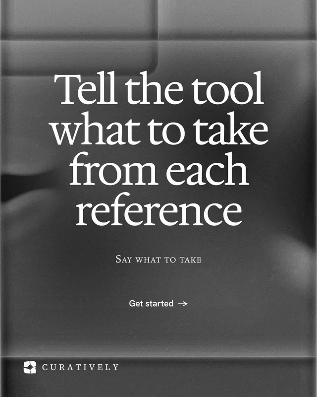 Instagram portrait post for Curatively: "Tell the tool what to take from each reference". Swiss style, smallcaps layout, dark palette in grey, black.