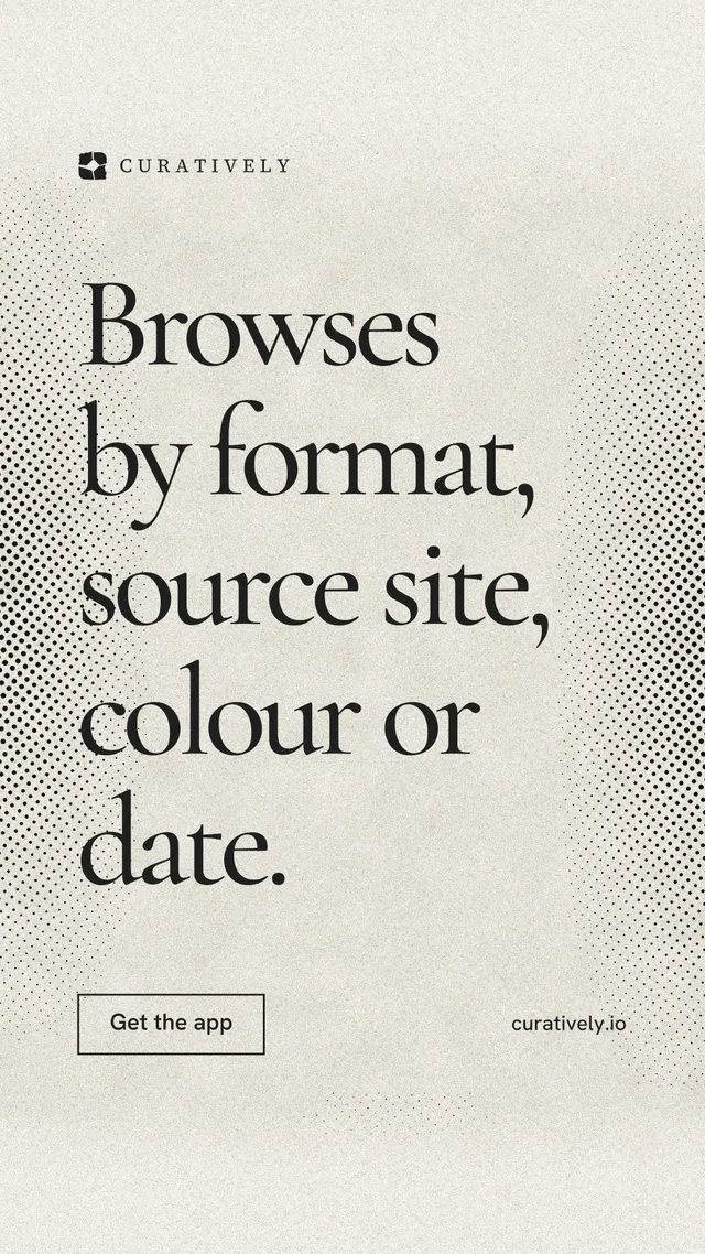 Instagram story for Curatively: "Browses by format, source site, colour or date." Editorial style, poster layout, light palette in yellow, white, grey.