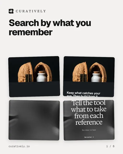 Carousel for Curatively: "Search by what you remember". Collection carousel, 8 slides, light palette.