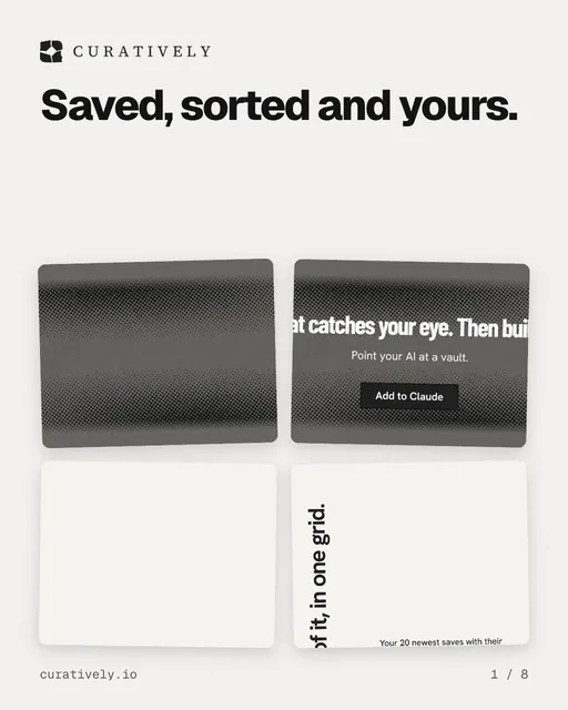 Carousel for Curatively: "Saved, sorted and yours.". Collection carousel, 8 slides, light palette.