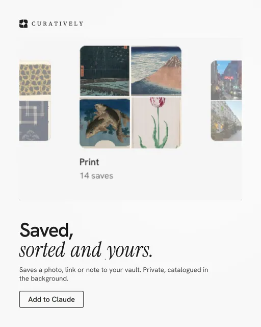 Video for Curatively: "Saved, sorted and yours.". Doc motion loop, 7.0 s, light palette.