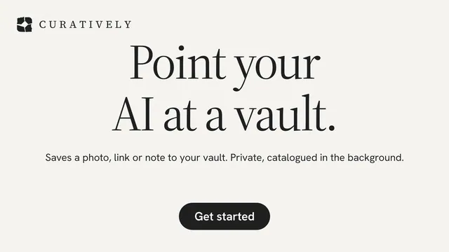 Landscape graphic for Curatively: "Point your AI at a vault." Data card style, centred layout, light palette in white, grey.