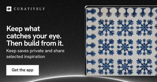 Social ad for Curatively: "Keep what catches your eye. Then build from it." Swiss style, bottom layout, dark palette in grey, black.