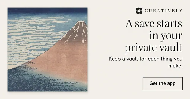 Social ad for Curatively: "A save starts in your private vault". Editorial style, right layout, light palette in grey, white.