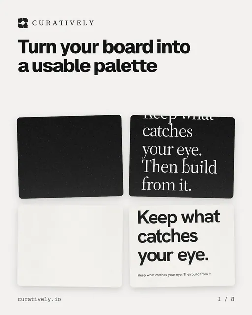 Carousel for Curatively: "Turn your board into a usable palette". Collection carousel, 8 slides, light palette.