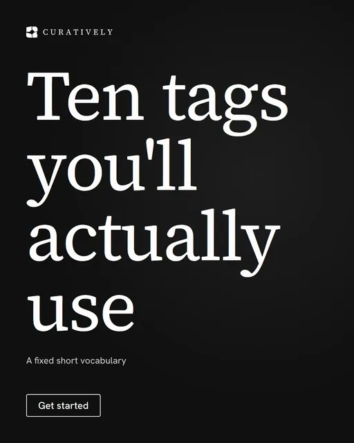 Video for Curatively: "Ten tags you'll actually use". Doc motion loop, 6.0 s, dark palette.