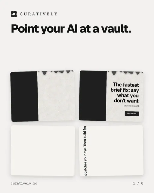 Carousel for Curatively: "Point your AI at a vault.". Collection carousel, 8 slides, light palette.