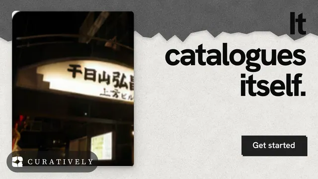 Landscape graphic for Curatively: "It catalogues itself." Paper trio style, right layout, light palette in black, white, grey.