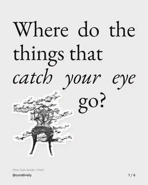 Carousel for Curatively: "Where do the things that catch your eye go?". Cutout essay, 6 slides, light palette.