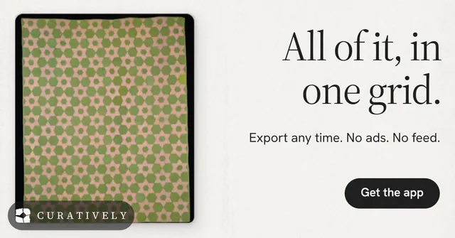 Social ad for Curatively: "All of it, in one grid." Data card style, right layout, light palette in white, grey.
