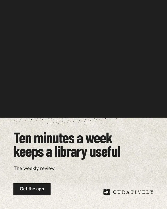 Instagram portrait post for Curatively: "Ten minutes a week keeps a library useful". Ink sticker style, bottom layout, dark palette in black, yellow.